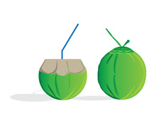 Vector Design Of Two Young Coconuts, One Of Which Has Been Cut Off The Top And Given A Straw To Drink While The Other One Is Still Intact