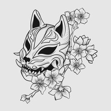 Tattoo Illustration And T Shirt Black And White Kitsune Mask