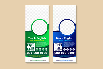 Poster - collection of templates of vector blue and green roll up banners on the theme of teach english, inte