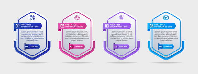 Poster - Business infographic template with step or option design. realistic infographic label in 4 steps. Vertical infographic with colorful gradient hexagonal shape. Business information steps with icon