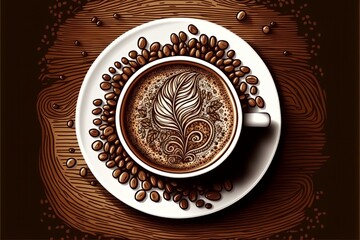Wall Mural - Illustration of Coffee, Latte or Espresso from Above on Fancy Background