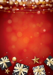 Wall Mural - Christmas glass ball and giftbox red background with space for text.