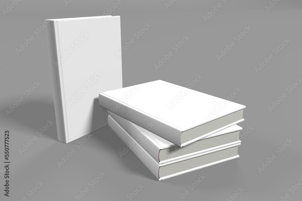 Realistic 3d book mockup illustration with 4 hard covers. Book mockup standing on isolated gray background with shadow. 4 hardcover books.