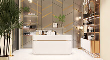 Empty White Marble Counter In Elegant And Luxury Interior Design Of Beauty Cosmetic Shop With Gold Steel Shelf And Personal, Skin And Hair Care Product And Decorative Glass Backdrop Partition