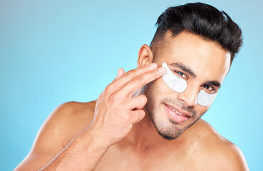 man, hands and face with eyes patch for skincare portrait, beauty wellness or luxury spa cosmetics. 