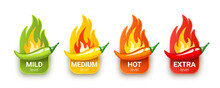 Set Of Badges With Chili Peppers And Fire Flames From Behind. Mild, Medium, Hot And Extra Levels Of Spiciness. Logos Design For Hot Sauces Or Other Spicy Food