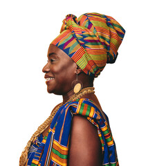 side view of a mature african woman in traditional kente clothing isolated on a transparent backgrou