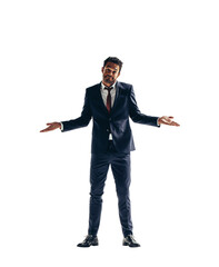 Wall Mural - Corporate business man shrugging his shoulders on a transparent background