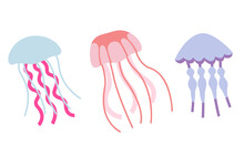 Set Of Jellyfish In Flat Style. Beautiful Underwater Inhabitants.