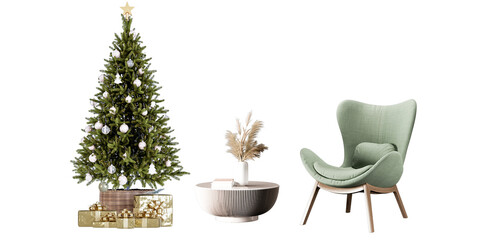 christmas tree and green chair on white background