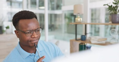 Aufkleber - Black man, business and thinking with information technology problem, confused with system fail or glitch 404. Serious face, focus and IT worker with pen and search for solution at Atlanta office.