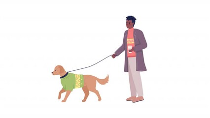 Poster - Animated man with dog character. Walk with pet. Wintertime. Full body flat person on white background with alpha channel transparency. Colorful cartoon style HD video footage for animation