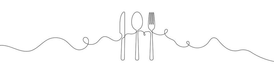 Wall Mural - Spoon, fork and knife in continuous line drawing style. Line art silhouette of cutlery. Vector illustration. Abstract background
