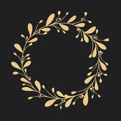 Wall Mural - Round frame with leaves on a black background. Golden wreath. Floral frame.