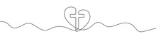 Christian Church Symbol In Continuous Line Drawing Style. Line Art Of A Heart With Christian Cross. Vector Illustration. Abstract Background