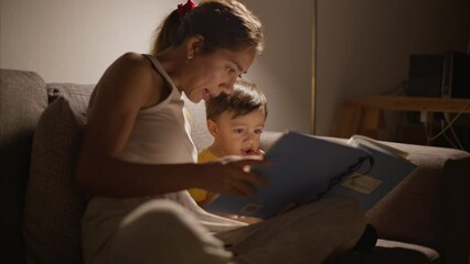 Wall Mural - Cute latin 2 year toddler having a snack while his mother is reading a book at night while sitting on a couch