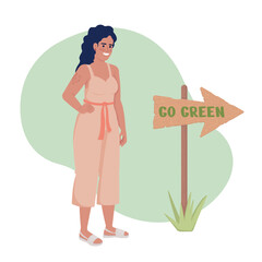 Poster - Go green thinking 2D vector isolated illustration. Reducing consumption flat character on cartoon background. Colourful editable scene for mobile, website, presentation. Nerko One Regular font used