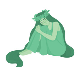 Poster - Smiling green goddess semi flat color vector character. Mother nature. Editable figure. Full body person on white. Simple cartoon style illustration for web graphic design and animation