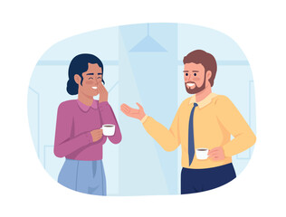 Poster - Coworkers during break 2D vector isolated illustration. Positive talking colleagues flat characters on cartoon background. Colorful editable scene for mobile, website, presentation