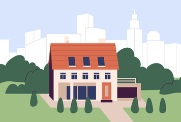 Fototapete - Residential house building exterior standing alone on city background, modern cityscape. Single detached dwelling home, property outdoor view, urban landscape scenery. Flat vector illustration