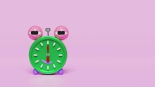 Cartoon Character Green Alarm Clock Wake-up Time Morning With Space Isolated On Blue Background. Concept 3d Animation, Alpha Channel