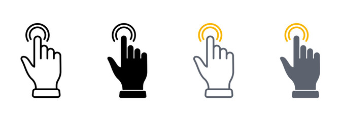 Poster - Double Click Gesture Line and Silhouette Color Icon Set. Hand Cursor of Computer Mouse Pictogram. Swipe Press Touch Point Tap Symbol Collection on White Background. Isolated Vector Illustration