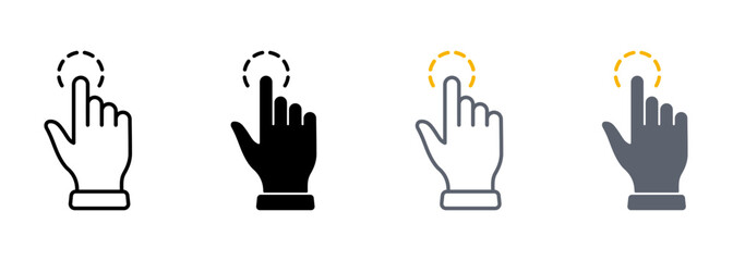 Poster - Touch Gesture of Computer Mouse Line and Silhouette Color Icon Set. Pointer Finger Pictogram. Click Press Double Tap Swipe Point Symbol Collection on White Background. Isolated Vector Illustration