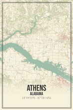 Retro US City Map Of Athens, Alabama. Vintage Street Map.