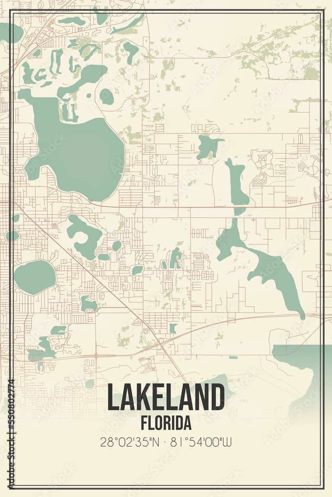 Retro US city map of Lakeland, Florida. Vintage street map. Stock ...