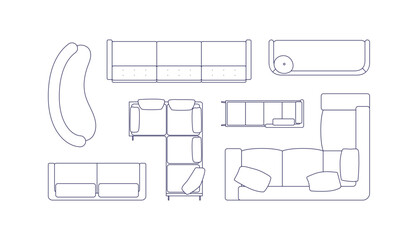 Poster - Sofas and couches set, top above view. Lounge furniture designs for living room overhead. Different seats for floor plan. Contoured outlined flat vector illustration isolated on white background
