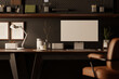 Leinwandbild Motiv Modern stylish office desk with computer mockup on table against the black wall with black pegboard