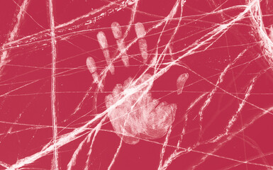 Wall Mural - Abstract background magenta viva texture of ice with cracks handprint, aerial top view of Lake