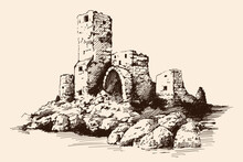 A Quick Pencil Sketch Of A Medieval Stone Castle With Towers And Arches On A Rocky Seashore.