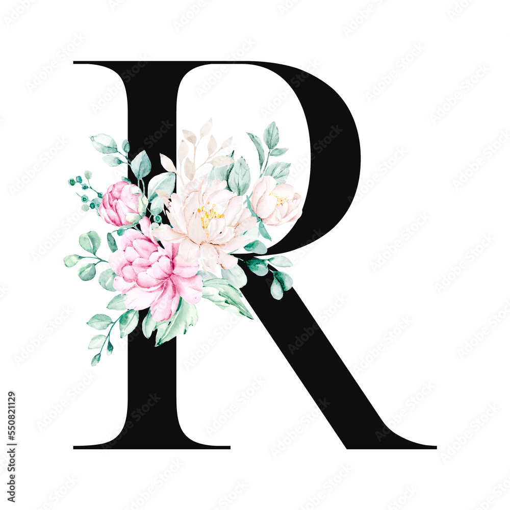 Letter R Lily Floral alphabet, letter R with watercolor flowers and leaf. Monogram ...