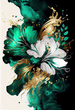 Flower Marble Texture With Abstract Green, White, Glitter And Gold Background Alcohol Ink Colors	
