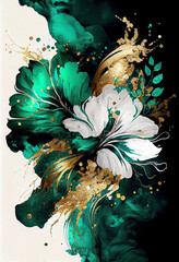 flower marble texture with abstract green, white, glitter and gold background alcohol ink colors	
