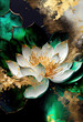 lotus marble texture with abstract green, white, glitter and gold background alcohol ink colors	