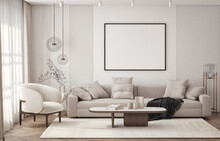 Mockup Poster Frame On The Wall Of Living Room. Luxurious Apartment Background With Contemporary Design. Modern Interior Design. 3D Render, 3D Illustration.