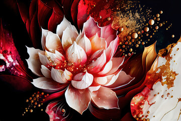 Wall Mural - lotus marble texture with abstract red, white, glitter and gold background alcohol ink colors	
