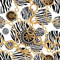 Poster - Seamless pattern decorated with precious stones, gold chains and pearls.	