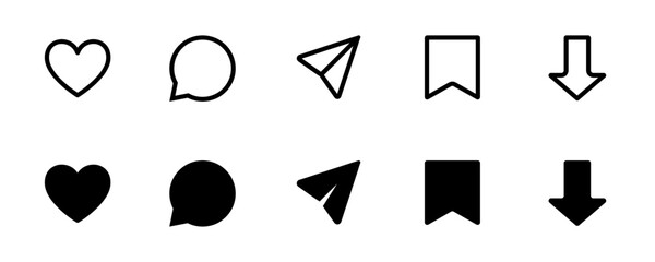 Poster - Like, Comment, Share, Save and Download icons set social media ui minimalist design template vector