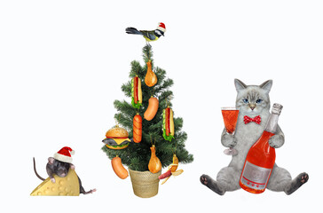 Wall Mural - Cat ashen decorated christmas tree with food