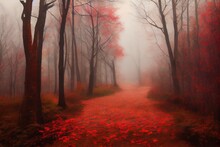 Mysterious Red Forest In Autumn With Fog