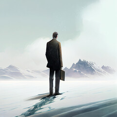 businessman lost in the icy wilderness