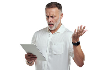 Canvas Print - PNG studio shot of a mature man looking confused while using a digital tablet against a grey background