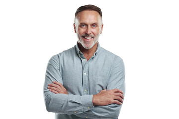 png studio portrait of a mature man standing with his arms folded against a grey background