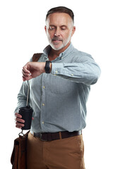 Canvas Print - PNG studio shot of a mature man carrying a bag and cup of coffee while the time on his wristwatch against a grey background