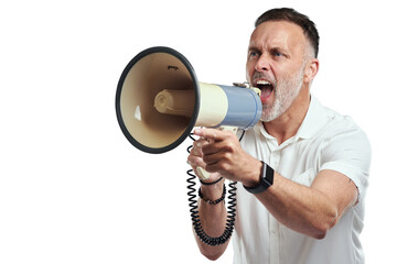 Canvas Print - PNG studio shot of a mature man using a megaphone against a grey background