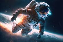 AI generated image of an astronaut floating in space, earth planet in the background