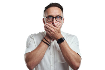 Canvas Print - PNG studio portrait of a mature man covering his mouth and looking shocked against a grey background